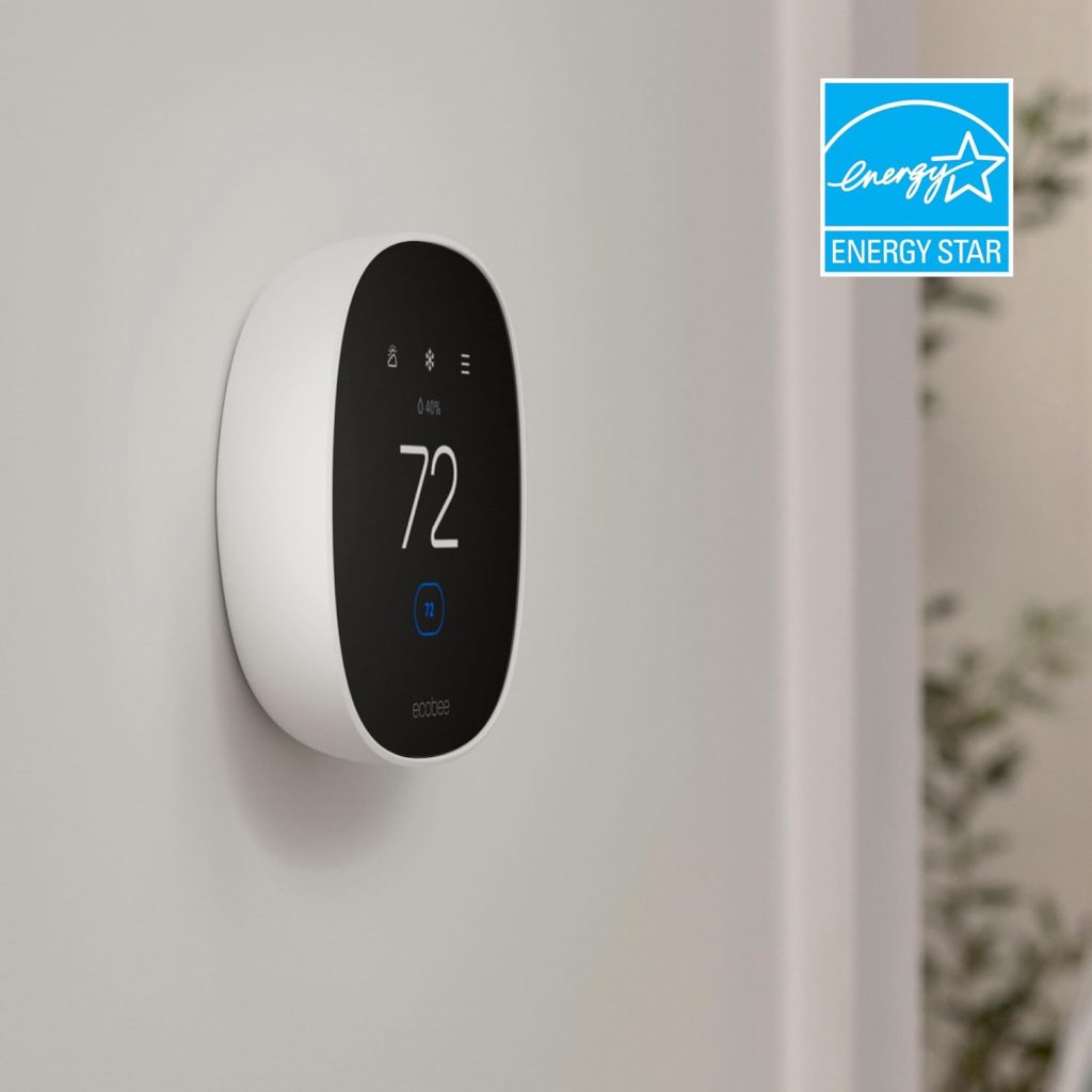 “ecobee Smart Thermostat Essential - programmable Wi-Fi thermostat with touchscreen, works with Alexa, Google Assistant, and Apple HomeKit, energy-saving smart home device, currently $119.99 limited-time deal