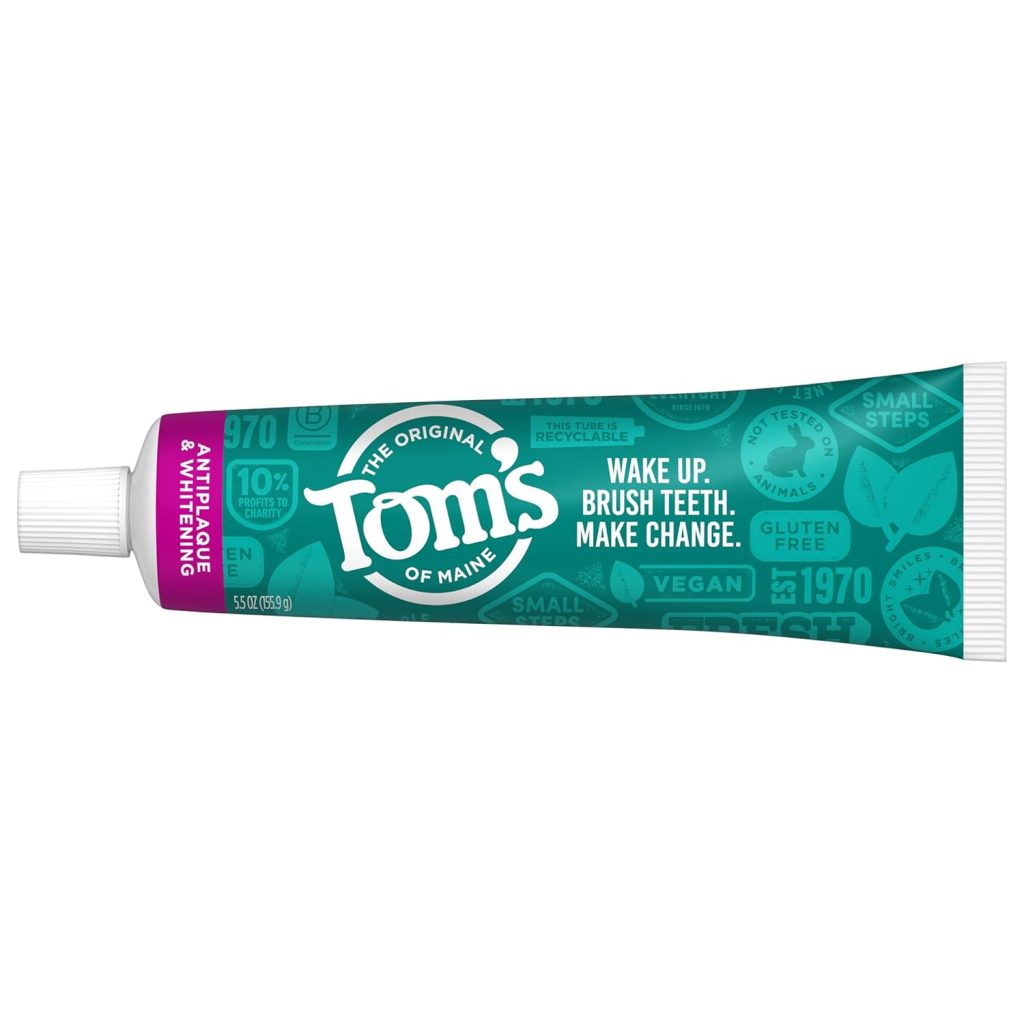 “Tom’s of Maine Fluoride-Free Antiplaque and Whitening Toothpaste tube”