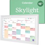 Skylight Calendar 15-inch Touchscreen Smart Display showing family schedule, grocery list, and chore chart on a bright, colorful screen.
