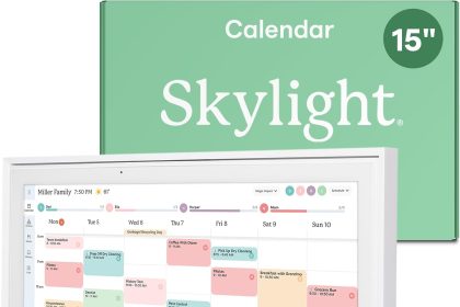 Skylight Calendar 15-inch Touchscreen Smart Display showing family schedule, grocery list, and chore chart on a bright, colorful screen.