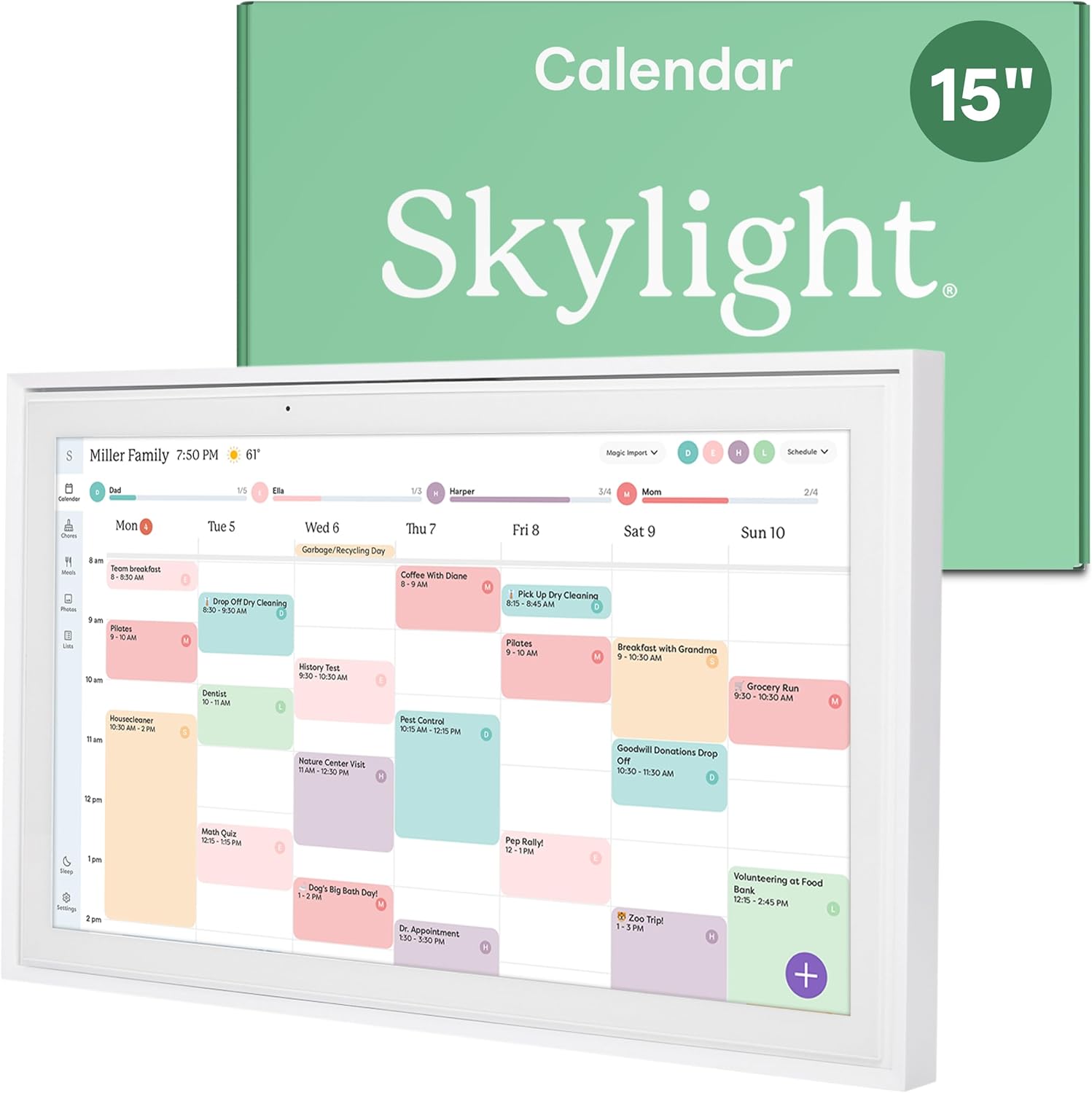Skylight Calendar 15-inch Touchscreen Smart Display showing family schedule, grocery list, and chore chart on a bright, colorful screen.
