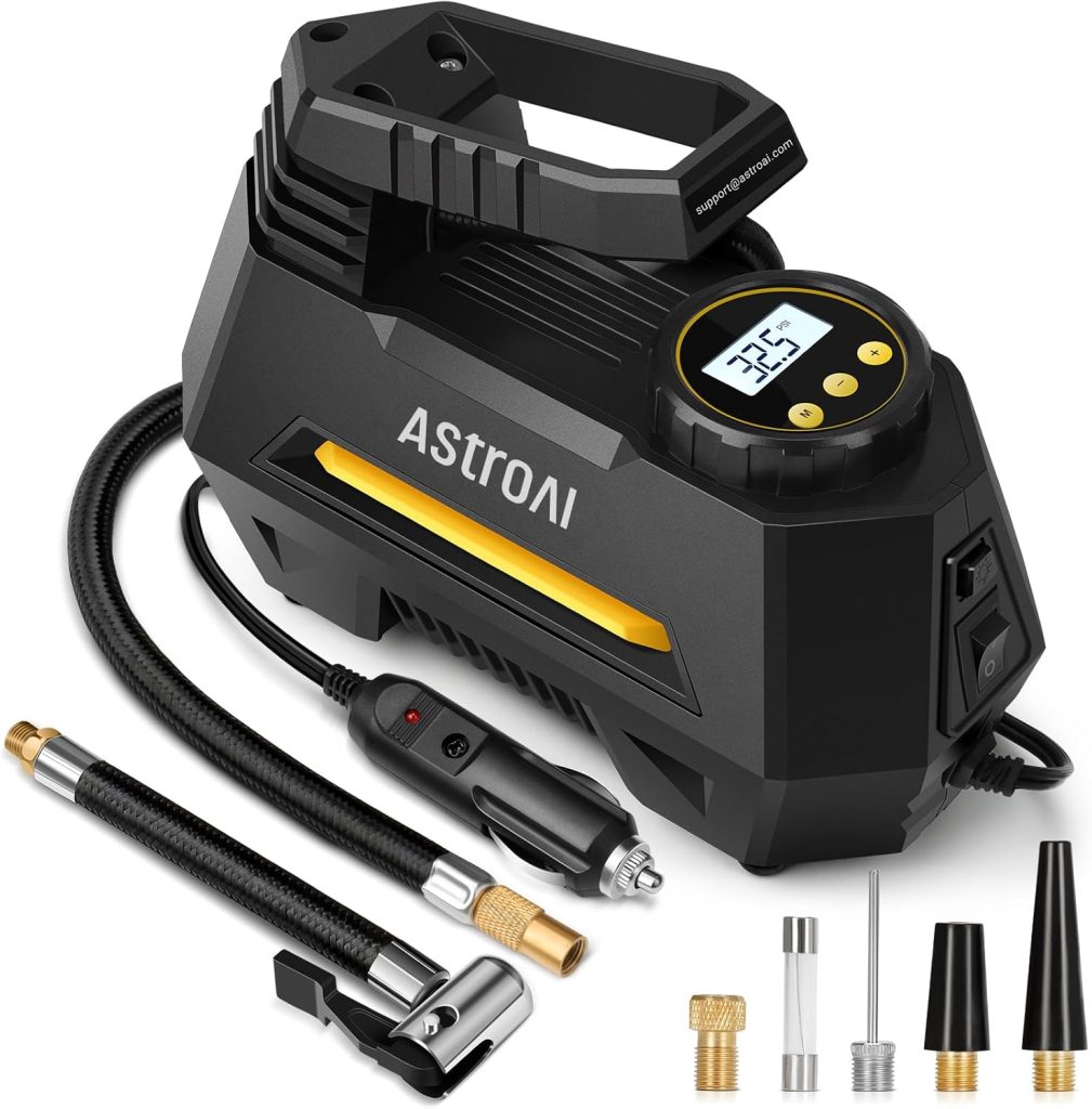 "AstroAI Portable Air Compressor Pump with digital display, LED light, and nozzle attachments for car, bike, and inflatables."