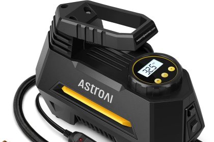 "AstroAI Portable Air Compressor Pump with digital display, LED light, and nozzle attachments for car, bike, and inflatables."
