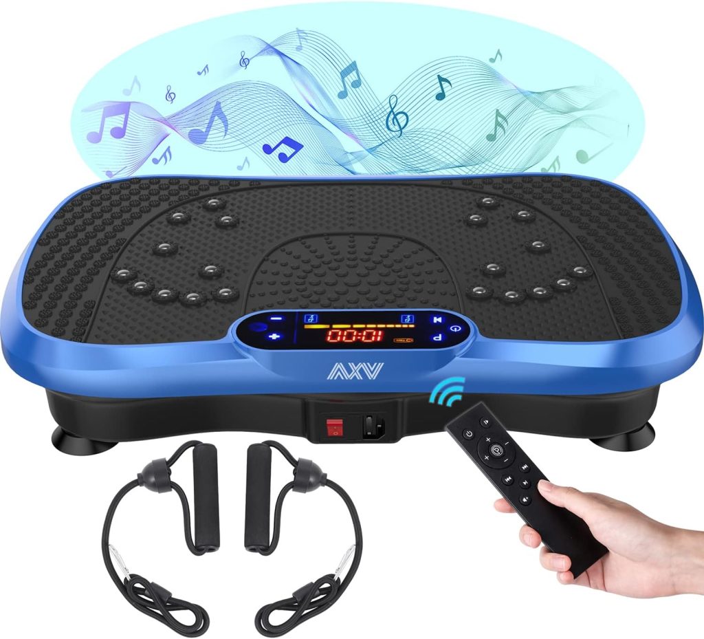 : Vibration Exercise Platform in sleek SLIM-BLUE design, ideal for home workouts, muscle toning, improving circulation, and lymphatic drainage.