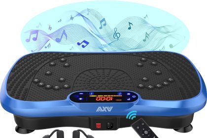 : Vibration Exercise Platform in sleek SLIM-BLUE design, ideal for home workouts, muscle toning, improving circulation, and lymphatic drainage.