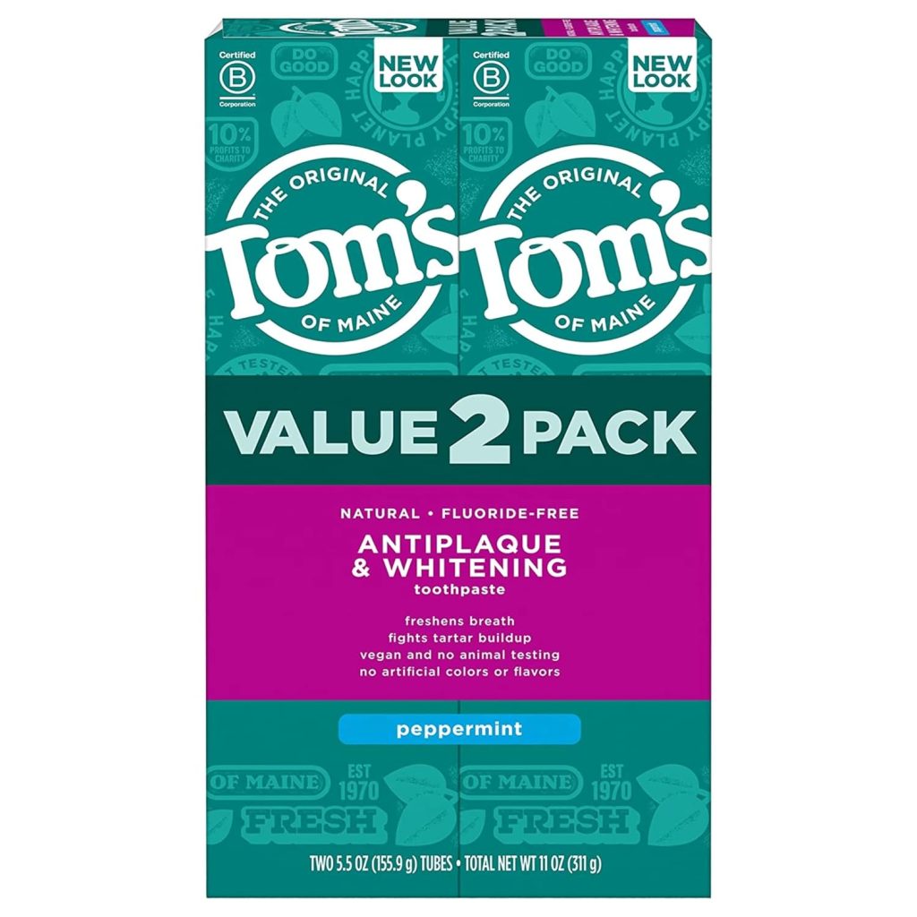 Tom’s of Maine Fluoride-Free Antiplaque and Whitening Toothpaste in Peppermint flavor, 2-pack of 4.7 oz tubes, natural toothpaste with no artificial flavors or preservatives