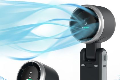 "PlayHot Portable Handheld Turbo Fan – compact, foldable, and rechargeable personal fan in black, perfect for indoor and outdoor cooling with 5-speed settings and USB-C charging."