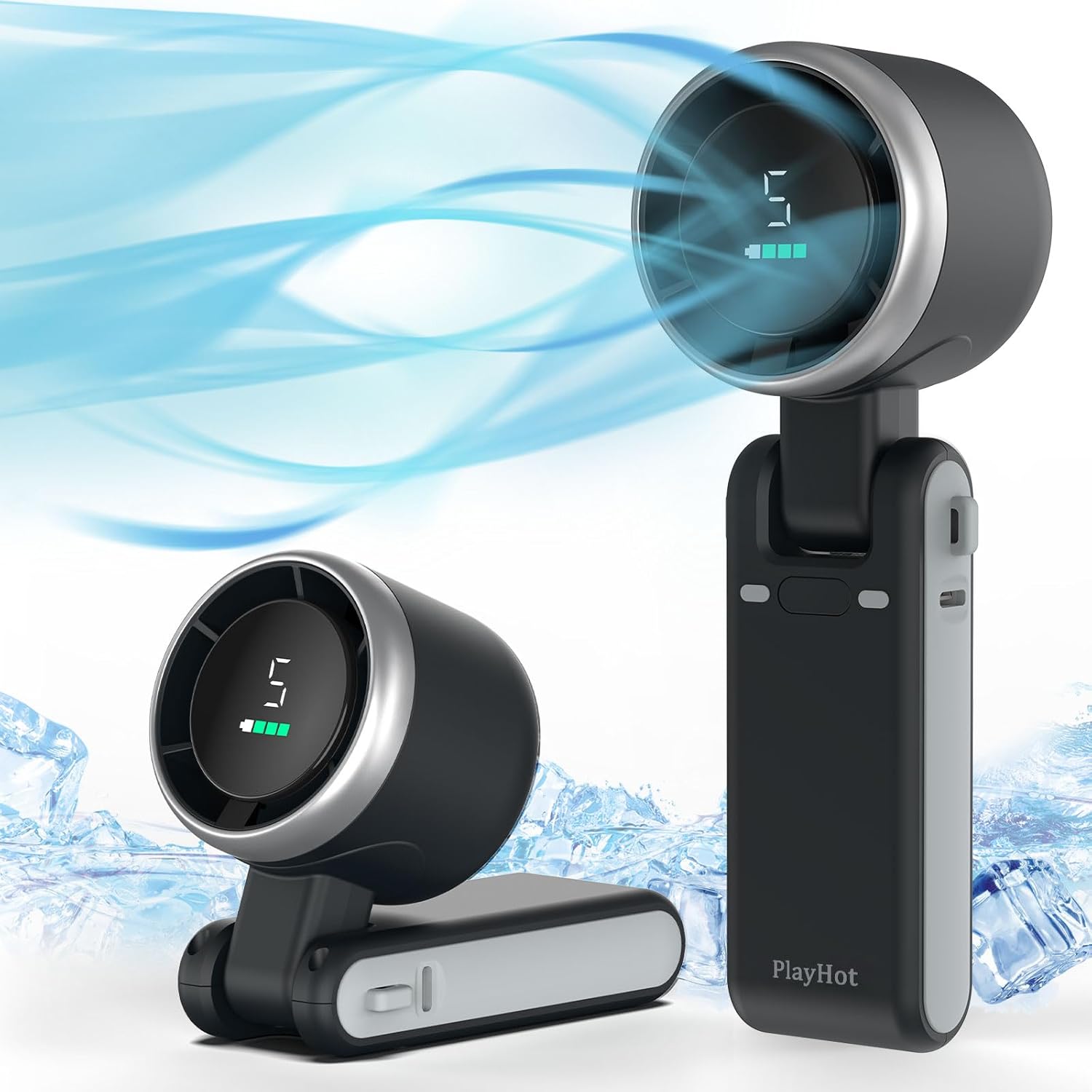 "PlayHot Portable Handheld Turbo Fan – compact, foldable, and rechargeable personal fan in black, perfect for indoor and outdoor cooling with 5-speed settings and USB-C charging."