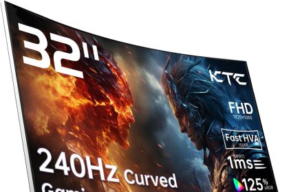 KTC 32-inch curved gaming monitor with 240Hz refresh rate, 1ms response time, and ergonomic adjustable stand, shown on a modern gaming desk setup.