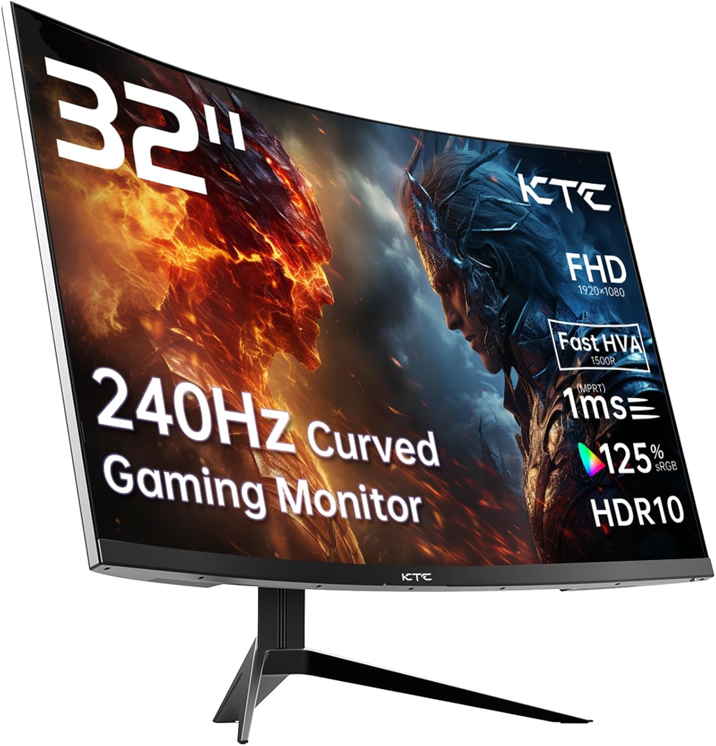 KTC 32-inch curved gaming monitor with 240Hz refresh rate, 1ms response time, and ergonomic adjustable stand, shown on a modern gaming desk setup.