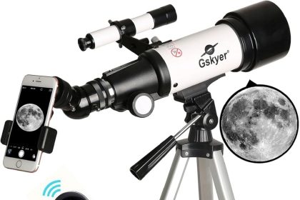 Gskyer AZ Astronomical Refracting Telescope on tripod with clear night sky background, perfect for stargazing