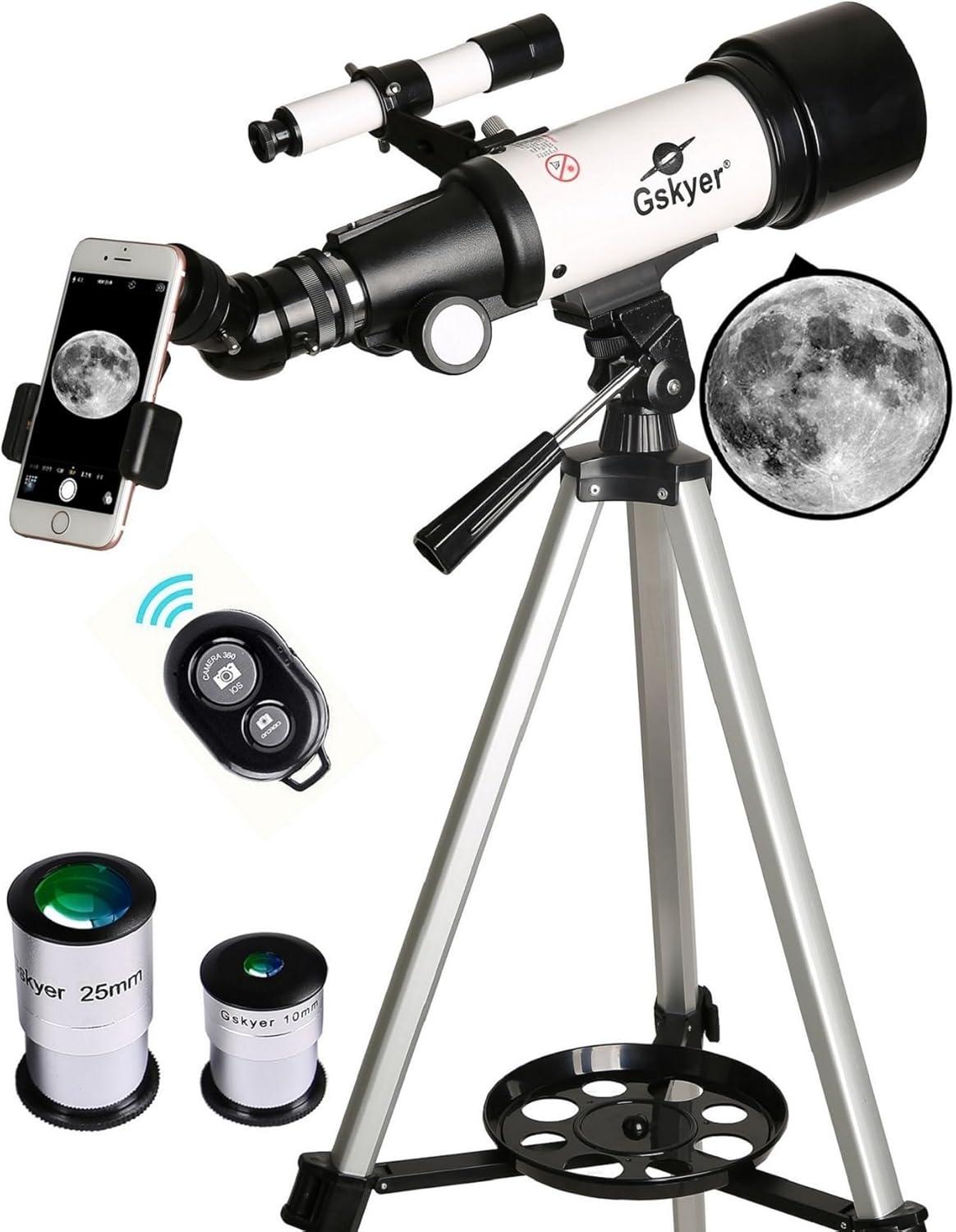 Gskyer AZ Astronomical Refracting Telescope on tripod with clear night sky background, perfect for stargazing