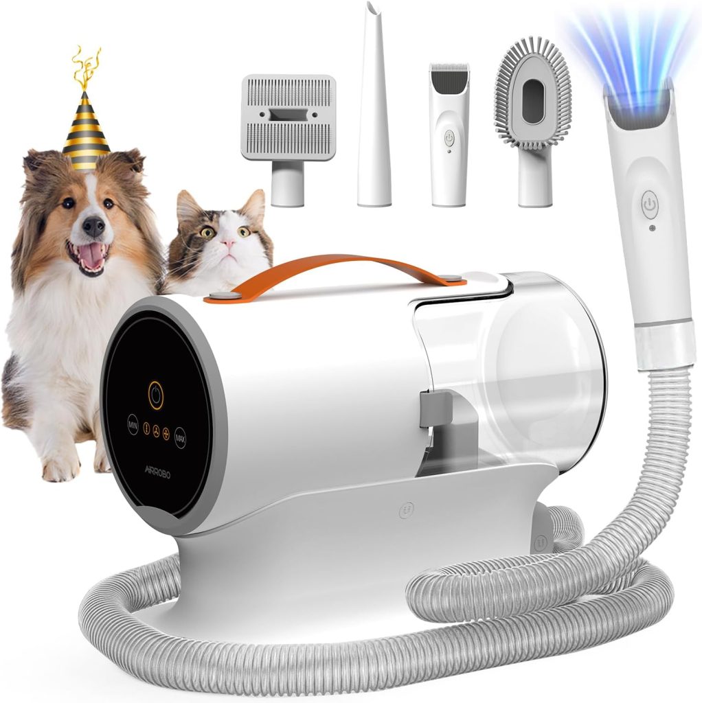 AIRROBO Pet Grooming Kit with built-in vacuum suction and grooming tools for dogs and cats