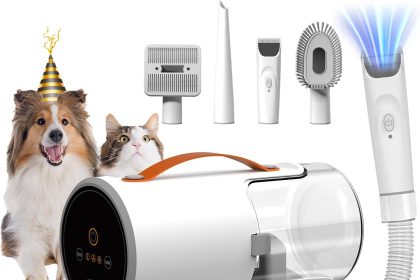 AIRROBO Pet Grooming Kit with built-in vacuum suction and grooming tools for dogs and cats