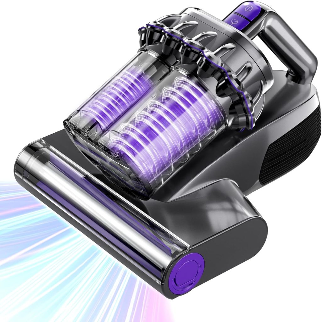 VOCESOR Handheld Mattress Vacuum in gray, showing UV light and HEPA filter features, designed for deep cleaning mattresses, beds, couches, and indoor surfaces