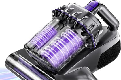 VOCESOR Handheld Mattress Vacuum in gray, showing UV light and HEPA filter features, designed for deep cleaning mattresses, beds, couches, and indoor surfaces