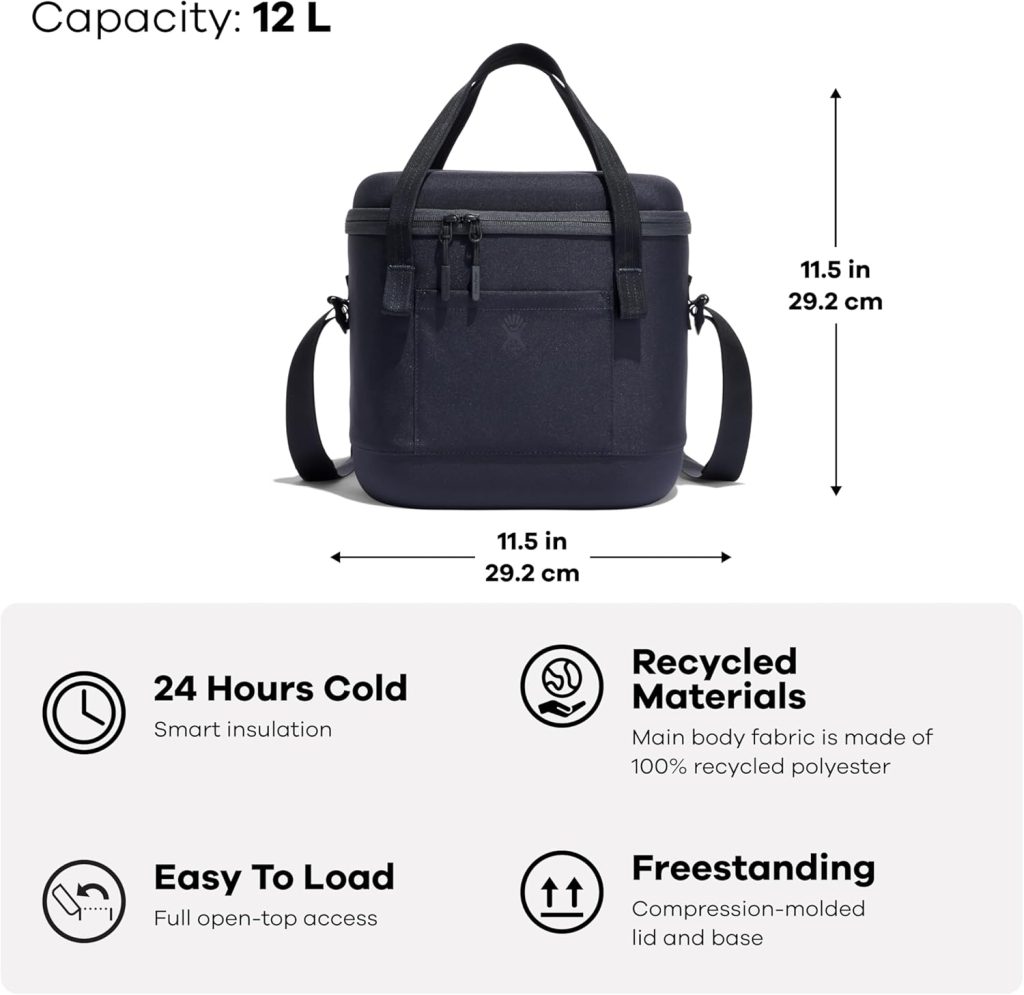 Hydro Flask insulated cooler bag in blue, keeping drinks and snacks cold, perfect for outdoor activities and travel.