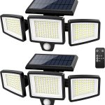 Tuffenough 2500LM Solar Outdoor Security Lights with Motion Sensor – 3 Adjustable Heads, Remote Control, Waterproof IP65 – 2-Pack Mounted on Wall at Night
