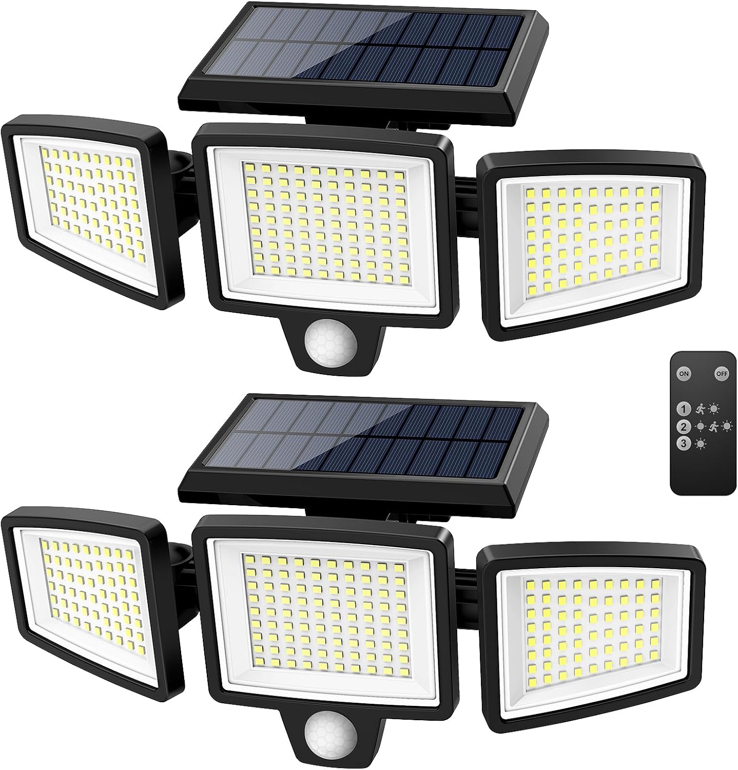 Tuffenough 2500LM Solar Outdoor Security Lights with Motion Sensor – 3 Adjustable Heads, Remote Control, Waterproof IP65 – 2-Pack Mounted on Wall at Night