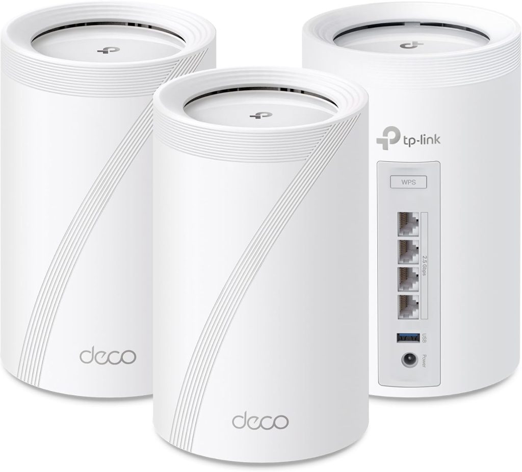TP-Link Deco BE63 Tri-Band Wi-Fi 7 Mesh System box showing sleek design and advanced Wi-Fi 7 technology for fast and reliable home internet coverage.
