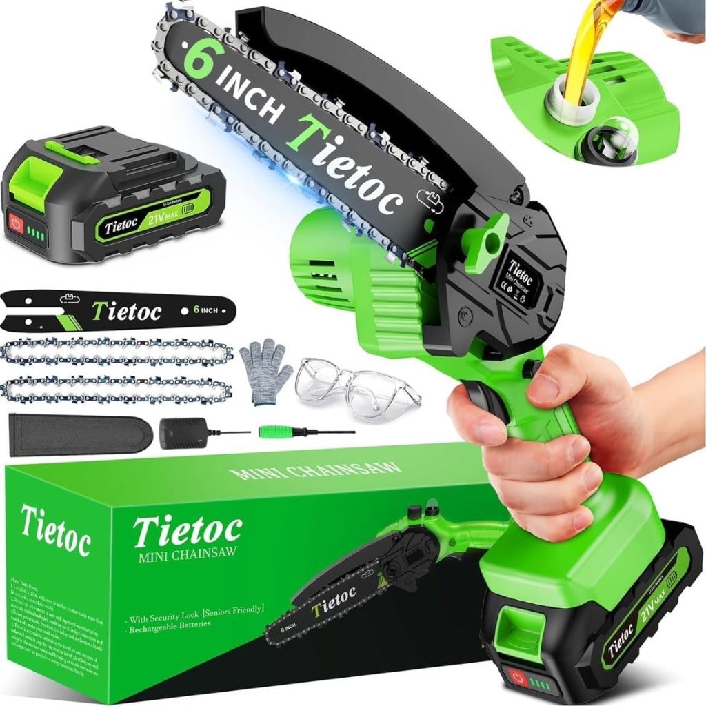 "Tietoc 6-Inch Mini Electric Cordless Chainsaw – Lightweight, handheld chainsaw for garden pruning and trimming, rechargeable battery included, ideal for home and outdoor use."