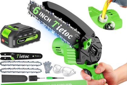 "Tietoc 6-Inch Mini Electric Cordless Chainsaw – Lightweight, handheld chainsaw for garden pruning and trimming, rechargeable battery included, ideal for home and outdoor use."