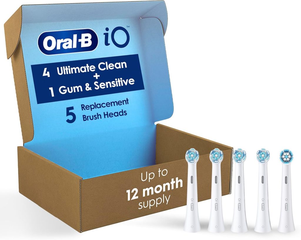 Oral-B iO Ultimate Clean Replacement Brush Heads 5-pack with smart bristle color-change technology, includes 4 Ultimate Clean and 1 Gum & Sensitive head, compatible with Oral-B iO electric toothbrushes.