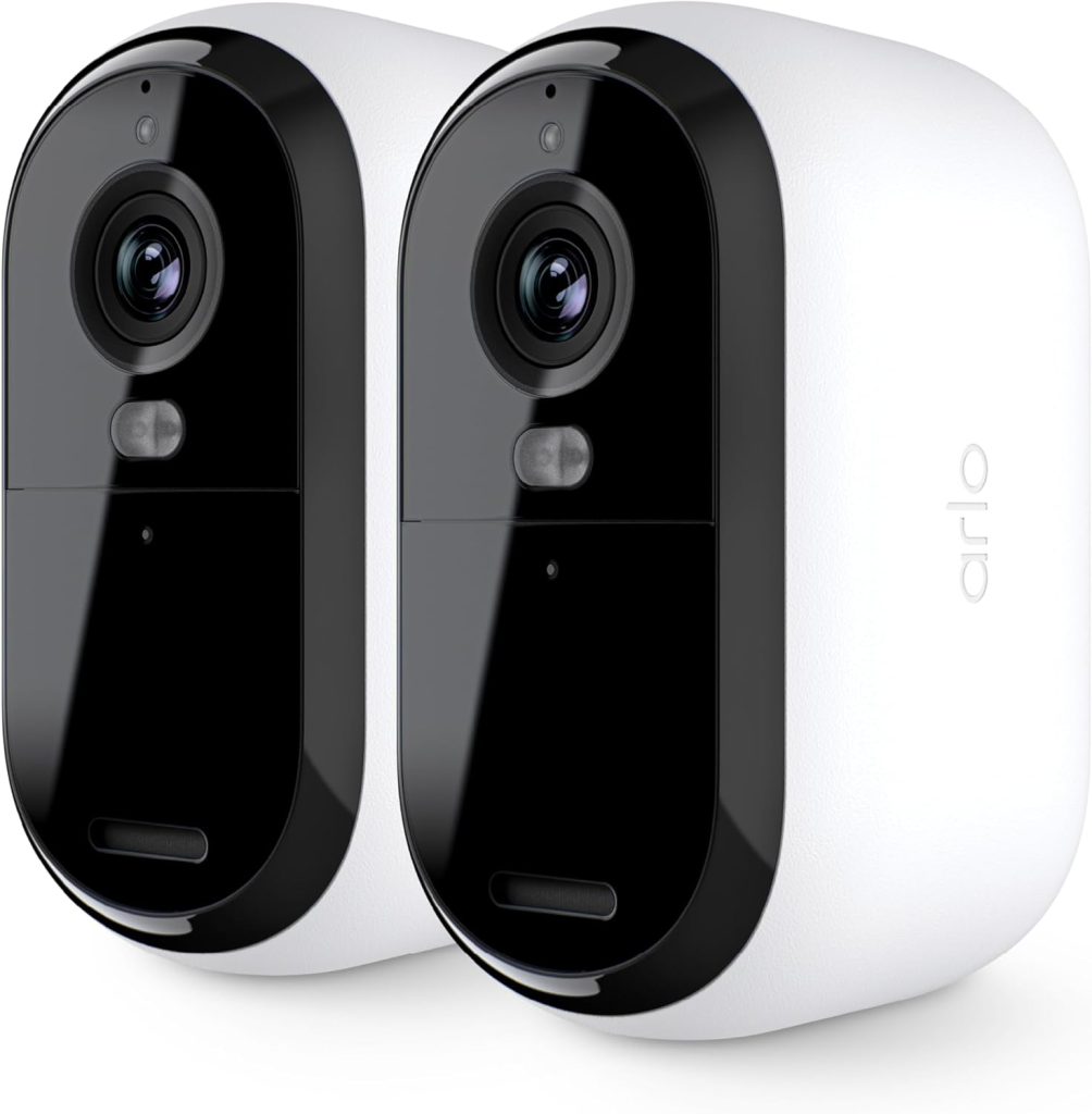 Arlo Essential Outdoor Security Camera mounted on a house exterior, showing sleek design and weatherproof build for home security