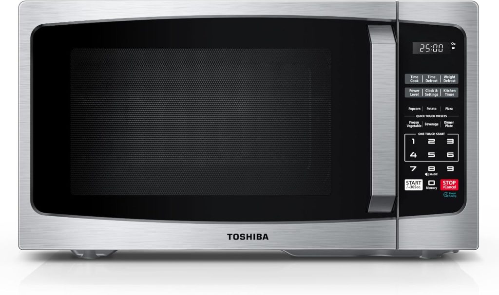 “Toshiba ML-EM09PA(SS) compact stainless steel microwave oven with digital control panel and glass turntable, ideal for small kitchens and apartments.”