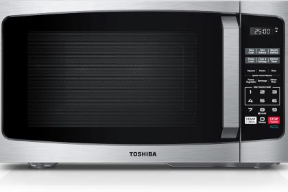 “Toshiba ML-EM09PA(SS) compact stainless steel microwave oven with digital control panel and glass turntable, ideal for small kitchens and apartments.”