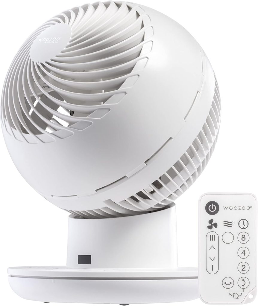 “IRIS USA WOOZOO Oscillating Fan with Remote – compact, stylish white fan on a tabletop with adjustable tilt and 8-speed airflow, ideal for quiet and efficient cooling at home or office.”