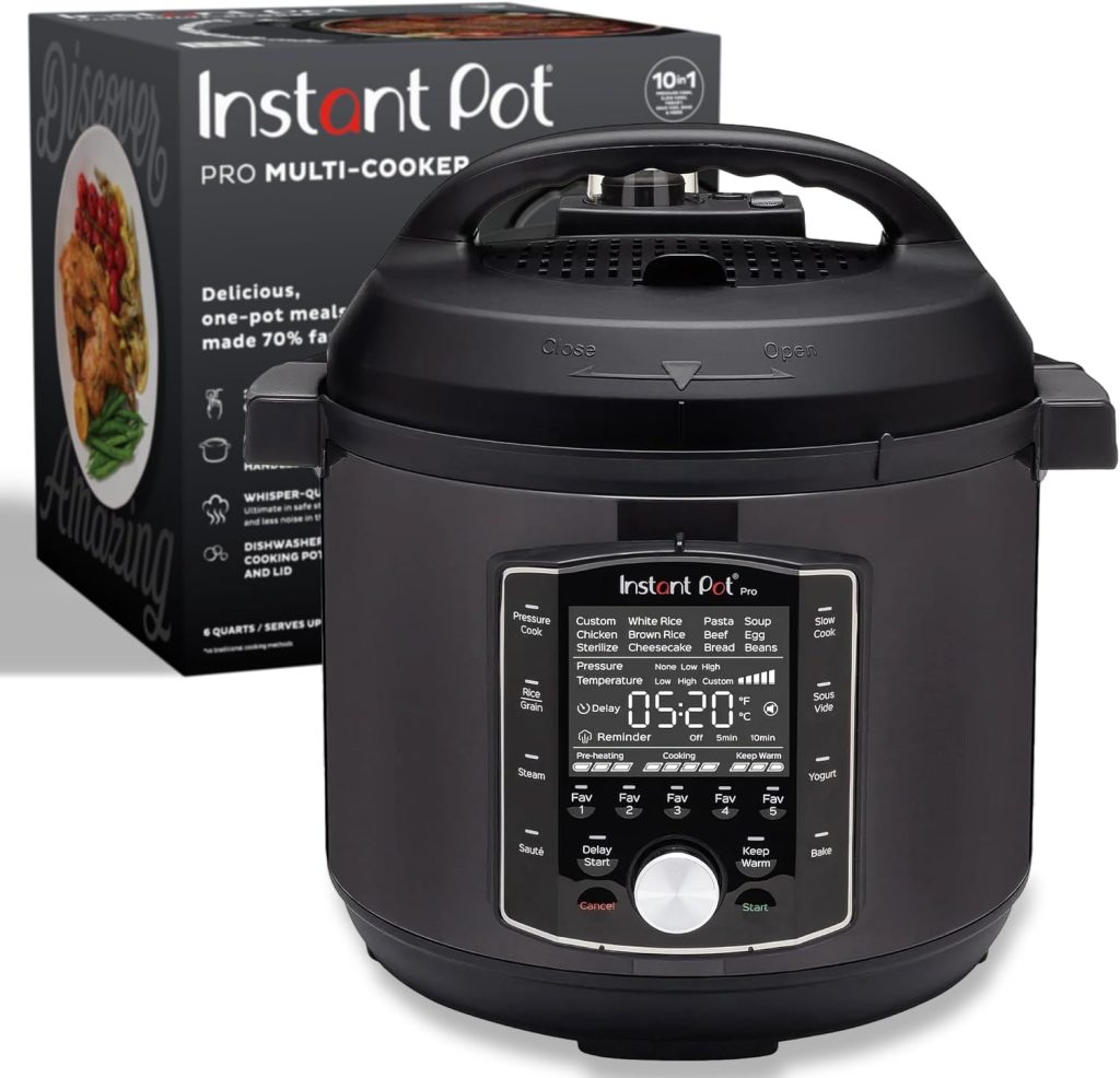 “Instant Pot Pro 10-in-1 Pressure Cooker in stainless steel, showing its digital control panel, inner pot, and included accessories like the steamer rack and sealing ring.”