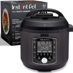 “Instant Pot Pro 10-in-1 Pressure Cooker in stainless steel, showing its digital control panel, inner pot, and included accessories like the steamer rack and sealing ring.”
