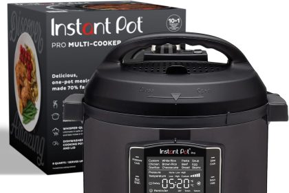 “Instant Pot Pro 10-in-1 Pressure Cooker in stainless steel, showing its digital control panel, inner pot, and included accessories like the steamer rack and sealing ring.”