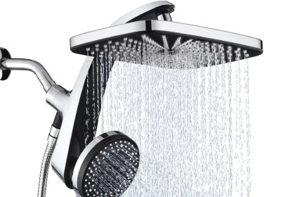 High Pressure Rain Shower Head Combo with 8-inch rainfall head and 5-setting handheld sprayer, brushed nickel finish, wall-mounted with adjustable extension arm