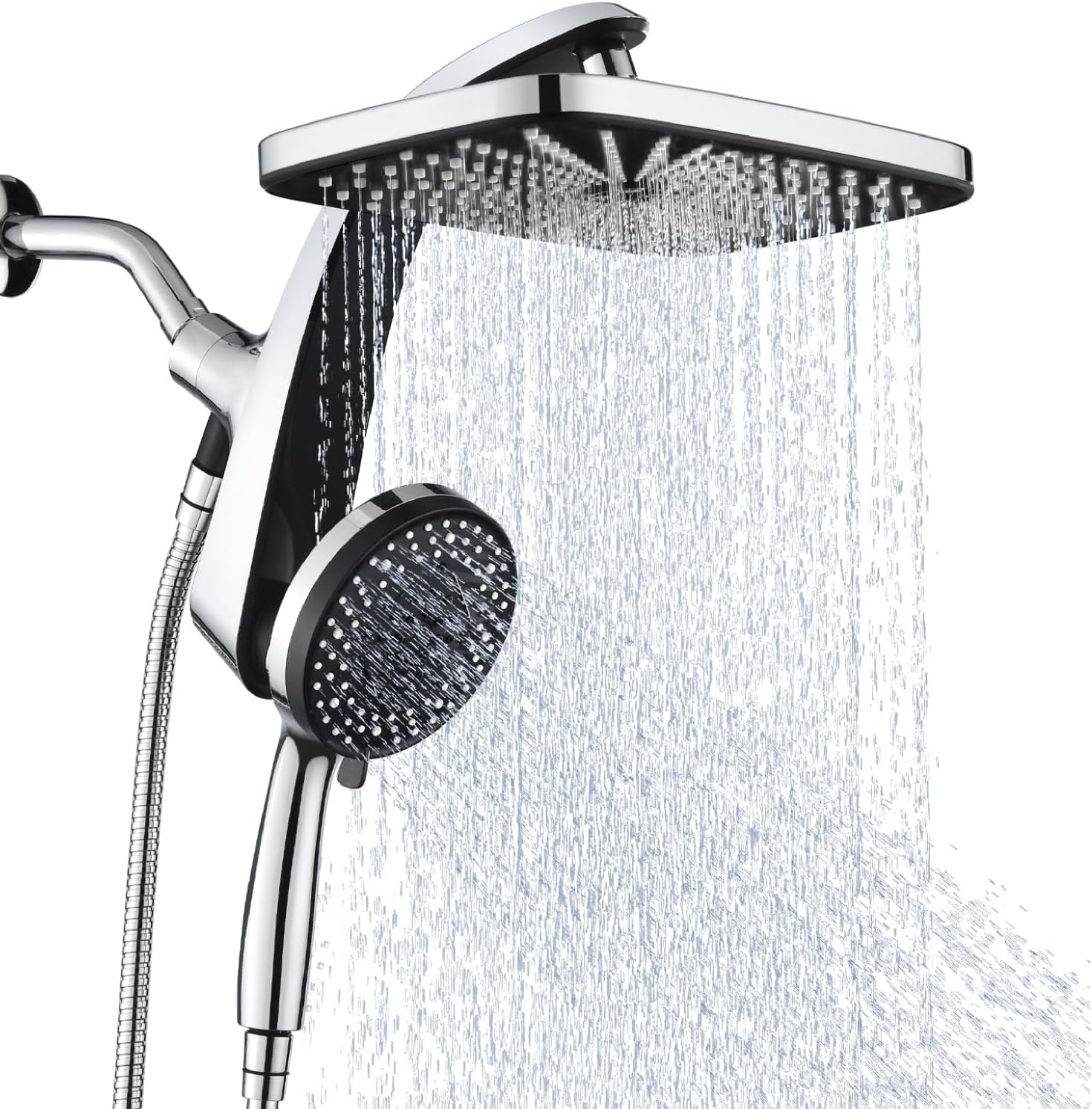High Pressure Rain Shower Head Combo with 8-inch rainfall head and 5-setting handheld sprayer, brushed nickel finish, wall-mounted with adjustable extension arm