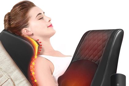 Shiatsu Shoulder Massager with heat function for neck and shoulder pain relief, ergonomic design, portable and easy to use, perfect for home or office relaxation.
