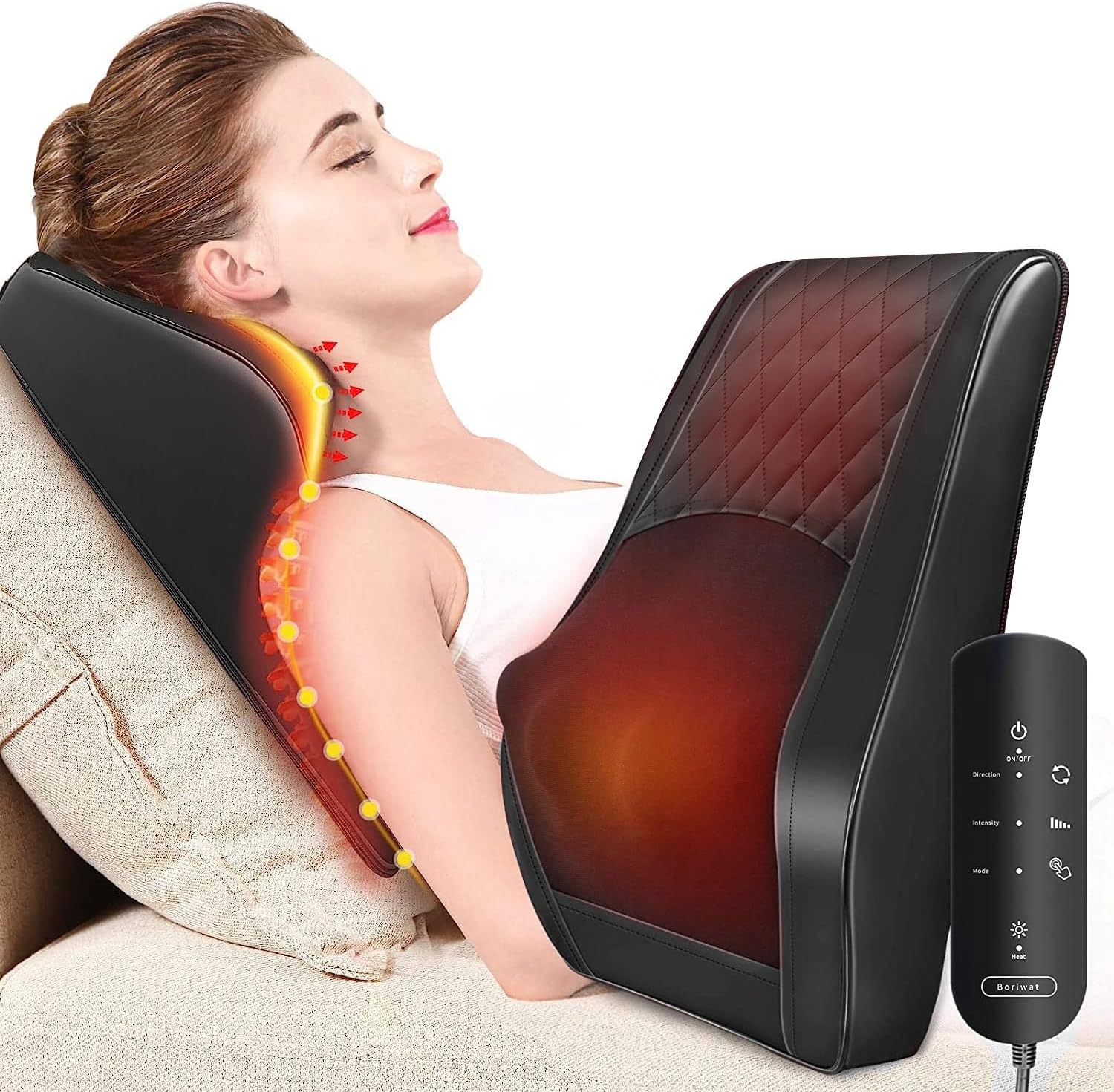 Shiatsu Shoulder Massager with heat function for neck and shoulder pain relief, ergonomic design, portable and easy to use, perfect for home or office relaxation.