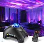 “Northern Galaxy Light Aurora Projector displaying colorful stars and nebula effects on a bedroom ceiling, with Bluetooth speaker and remote control for customizable lighting and relaxation.”