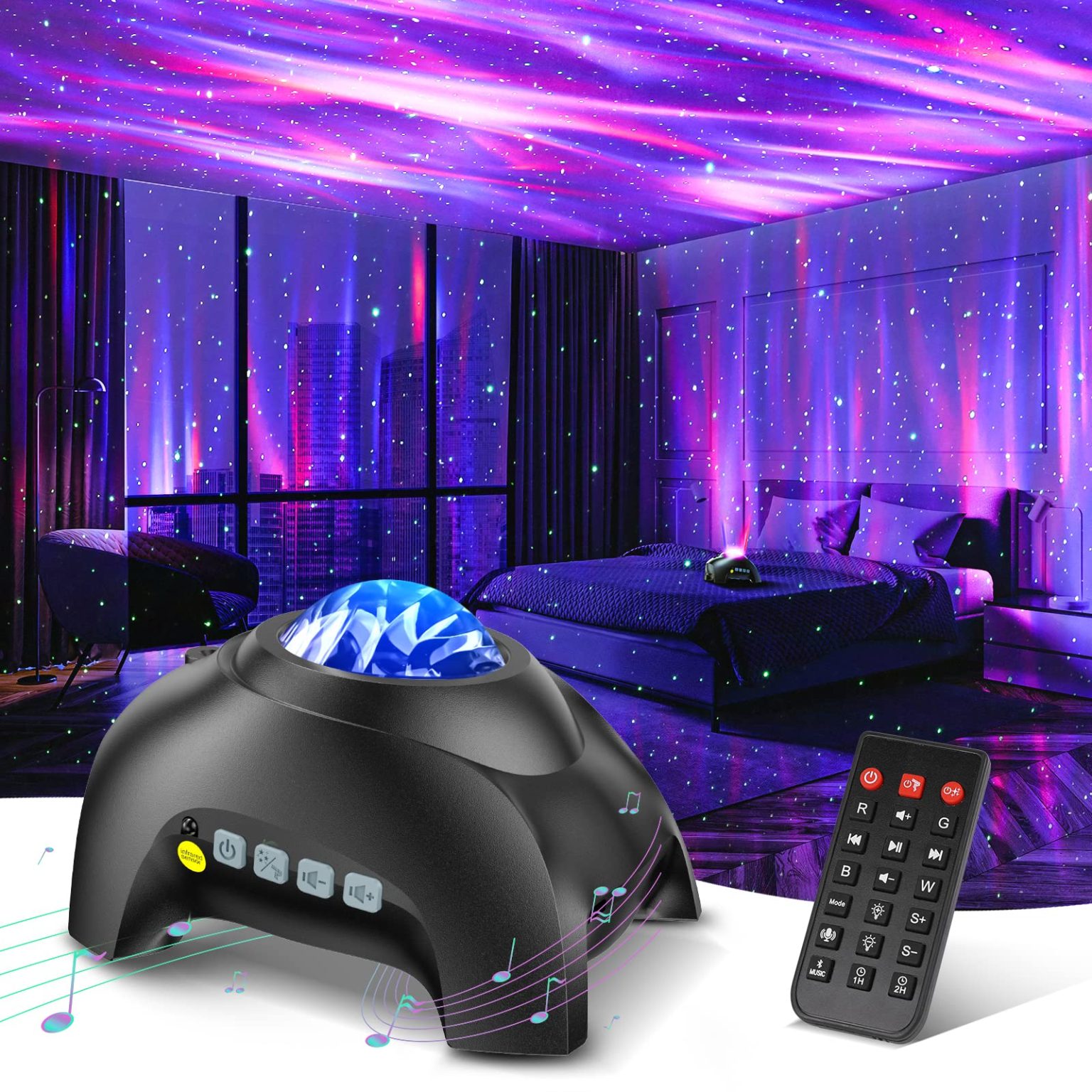 “Northern Galaxy Light Aurora Projector displaying colorful stars and nebula effects on a bedroom ceiling, with Bluetooth speaker and remote control for customizable lighting and relaxation.”