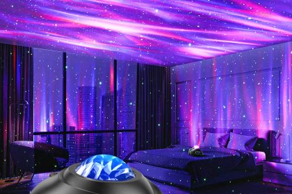 “Northern Galaxy Light Aurora Projector displaying colorful stars and nebula effects on a bedroom ceiling, with Bluetooth speaker and remote control for customizable lighting and relaxation.”