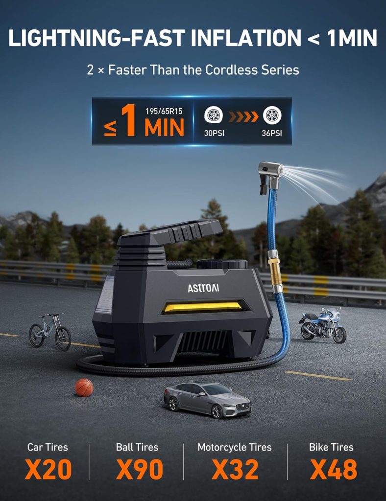 AstroAI Portable Air Compressor Pump for Car Tires – Compact Digital Tire Inflator with LED Light and Auto Shut-Off, shown with power cord and nozzle attachments.

