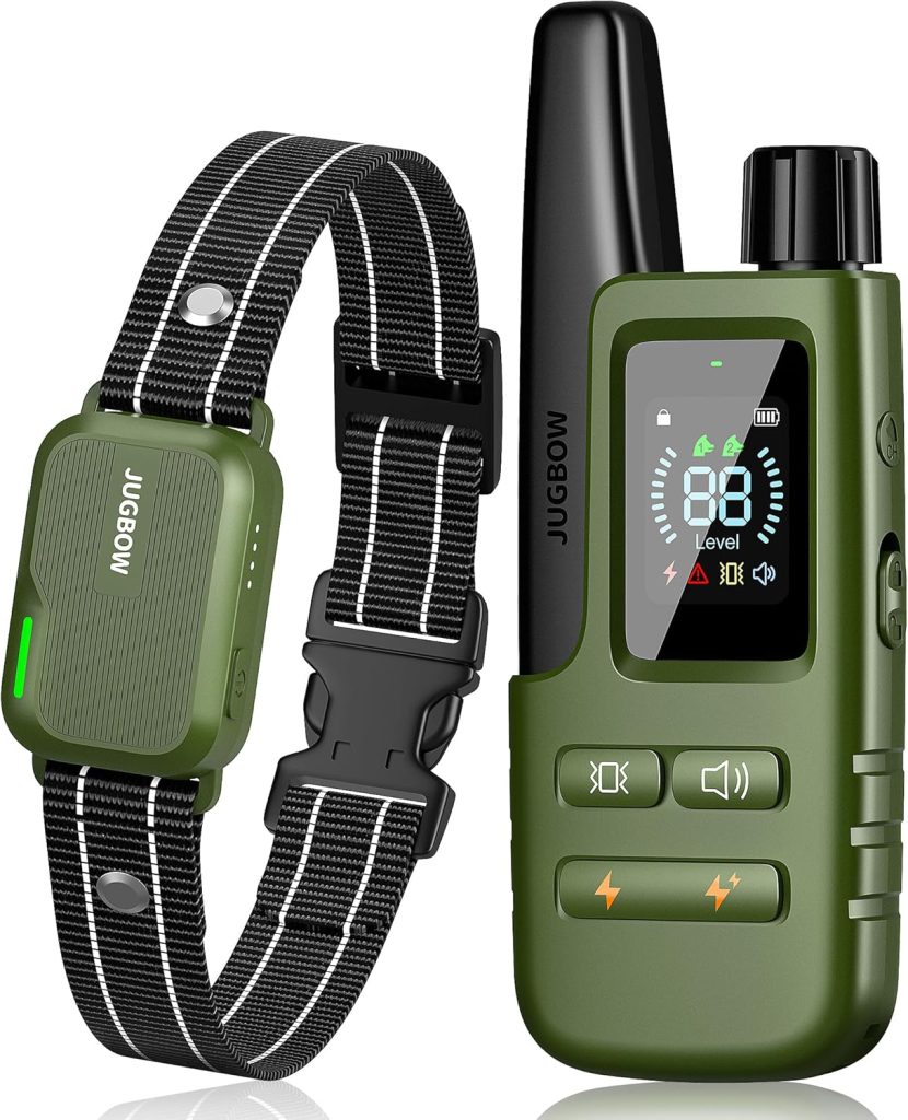 “Jugbow Dog Shock Collar with remote – safe and adjustable training collar for dogs of all breeds, waterproof and long-range, perfect for behavior training.”