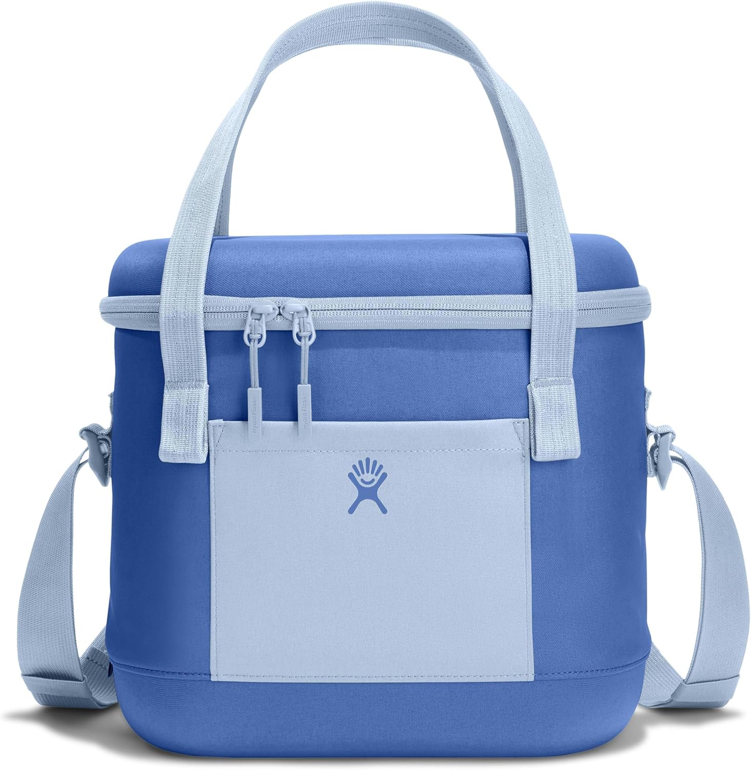 Hydro Flask insulated cooler bag in blue, keeping drinks and snacks cold for outdoor adventures.