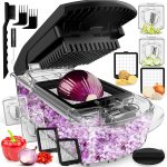 “Fullstar 4-in-1 Vegetable Chopper with stainless steel blades and container, perfect for slicing, dicing, grating, and spiralizing vegetables.”