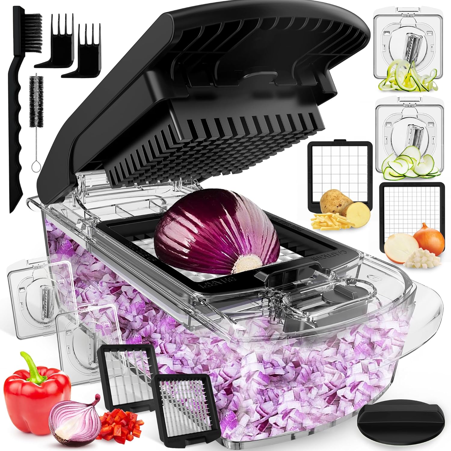 “Fullstar 4-in-1 Vegetable Chopper with stainless steel blades and container, perfect for slicing, dicing, grating, and spiralizing vegetables.”