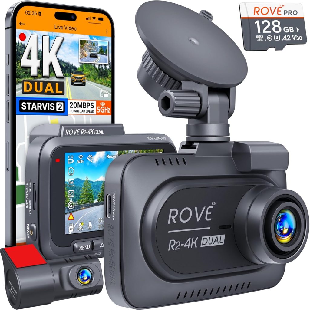 “ROVE R2 4K dash cam front and rear dual camera system”
