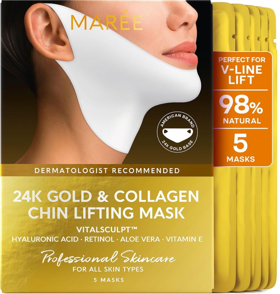 "MAREE Gold Collagen Facial Masks – hydrating anti-aging face masks with collagen, hyaluronic acid, and gold, 5-pack – limited-time deal $19.95."
