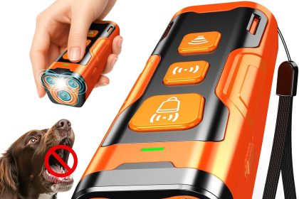 “YUYQA 3X Ultrasonic Dog Bark Deterrent Device in orange, compact and portable, designed to correct unwanted dog behaviors like barking, biting, and jumping, suitable for dogs aged 6 months to 8 years.”