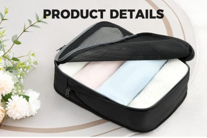 "Bagail Compression Packing Cubes in various sizes, lightweight and durable 320D material, neatly organizing clothes, electronics, and footwear for easy and space-saving travel."